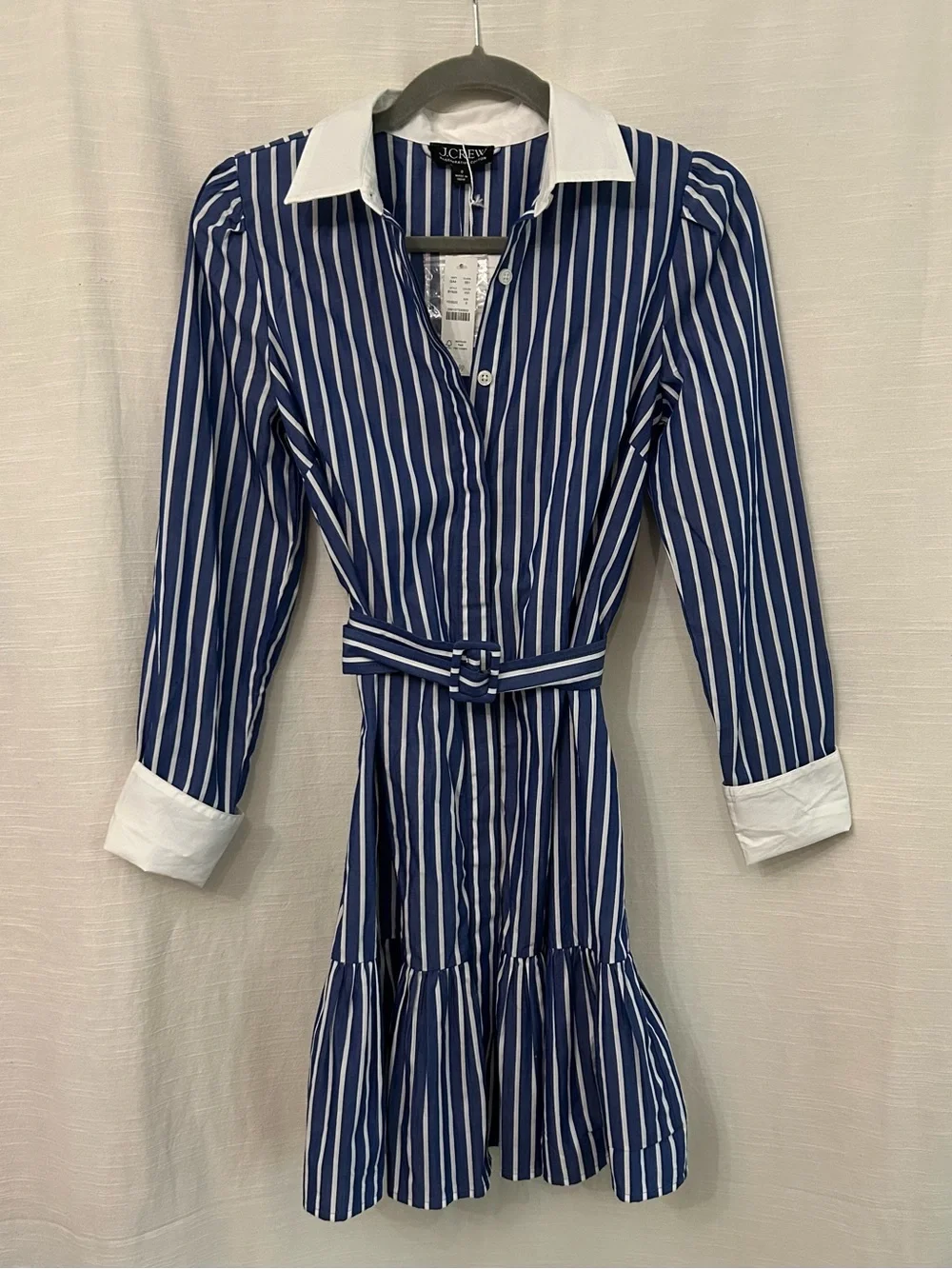 J. Crew Classic Preppy Blue & White Striped Belted Shirt Dress w/Contrast Collar